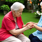 **A caregiver gently holding the hand of a senior with dementia, surrounded by blooming hibiscus flowers in a serene garden setting, symbolizing meaningful activity.**